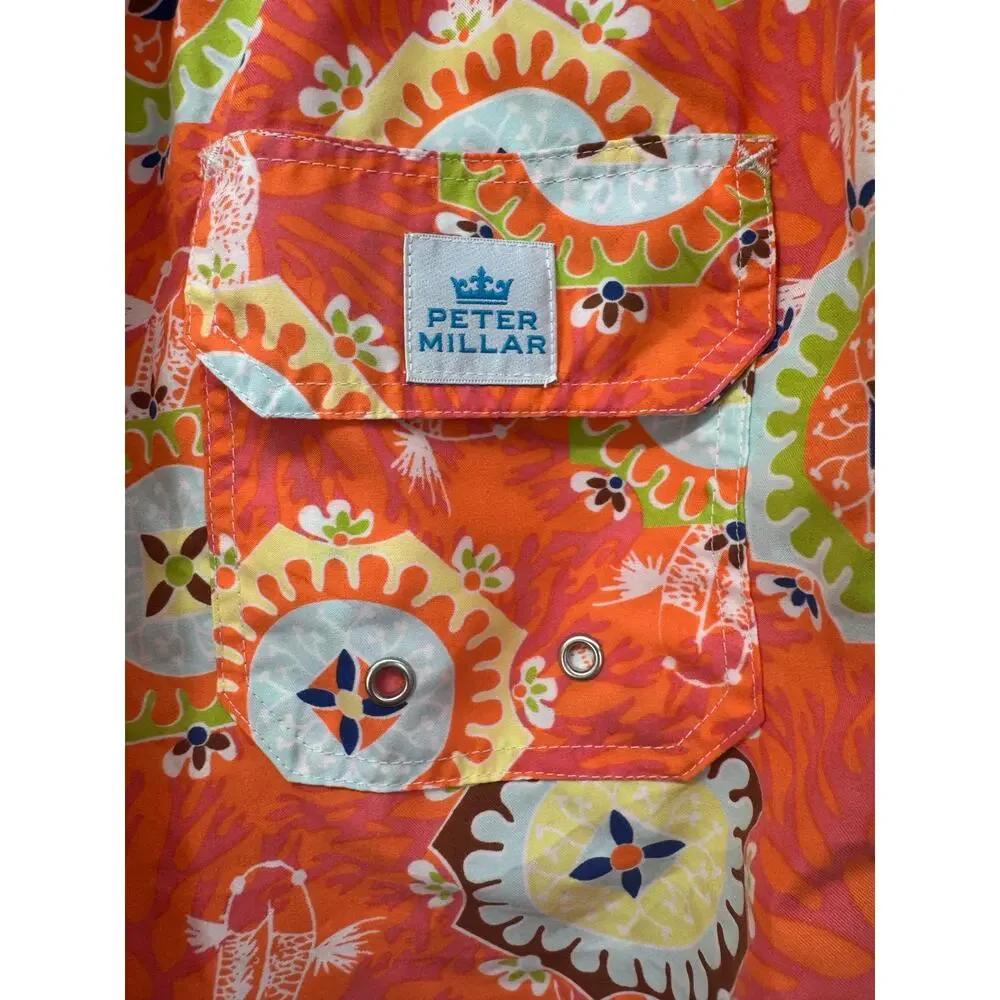 Peter Millar Swim Trunks Mens L Orange Koi Print Lined 8